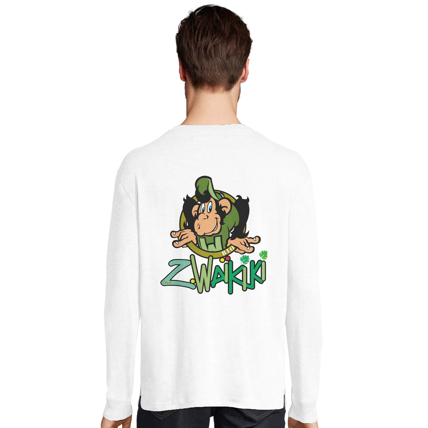 t-shirt waikiki gen z t shirt manches longues bio recycle green waikiki unisexe vintage 90s y2k logo marque dos poitrine et manches 100 coton bio recycle made in france singe vintage y2k années 90