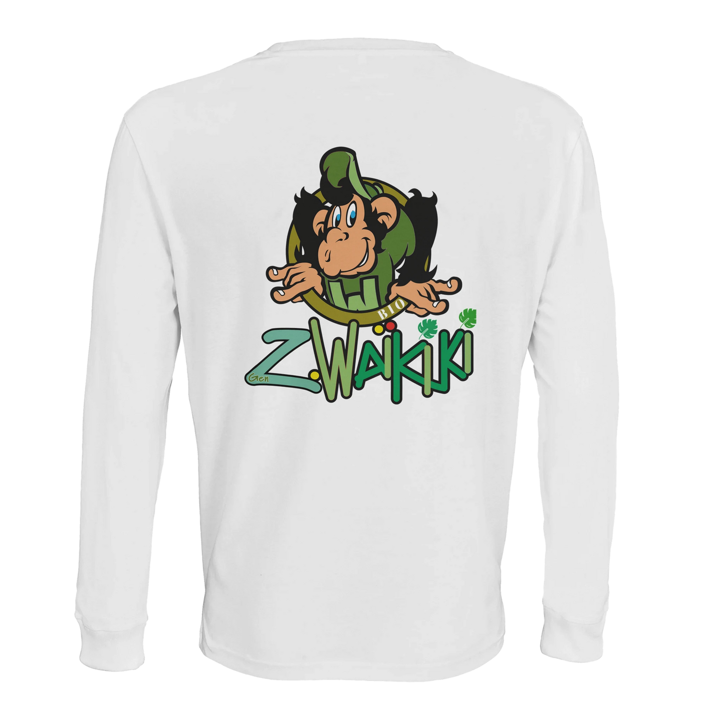 t-shirt waikiki gen z t shirt manches longues bio recycle green waikiki unisexe vintage 90s y2k logo marque dos poitrine et manches 100 coton bio recycle made in france singe vintage y2k années 90