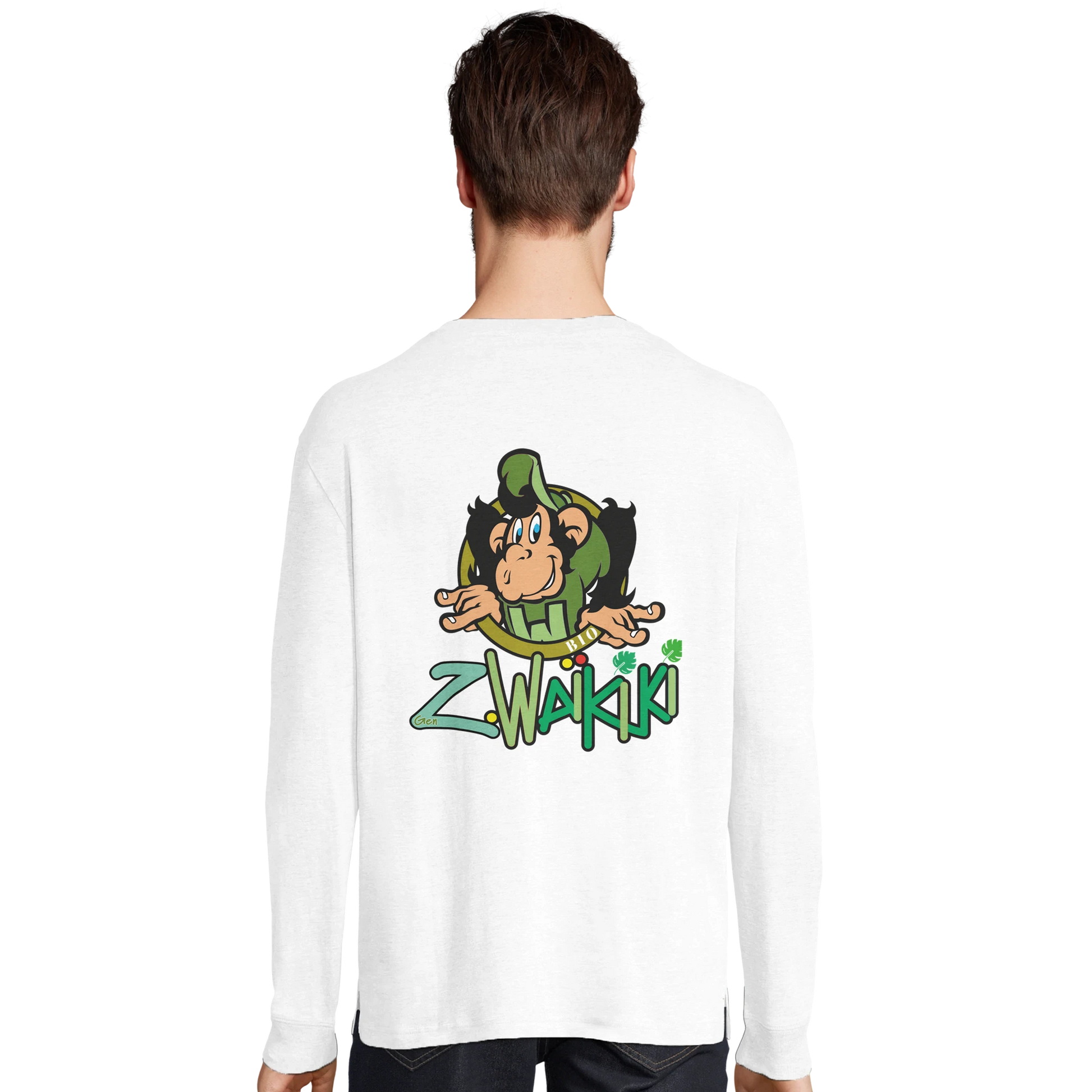 t-shirt waikiki gen z t shirt manches longues bio recycle green waikiki unisexe vintage 90s y2k logo marque dos poitrine et manches 100 coton bio recycle made in france singe vintage y2k années 90